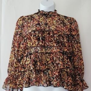 Dark Floral Ruffled Tiered Top Size L Whimsigoth Royal Regency Blouse Fall